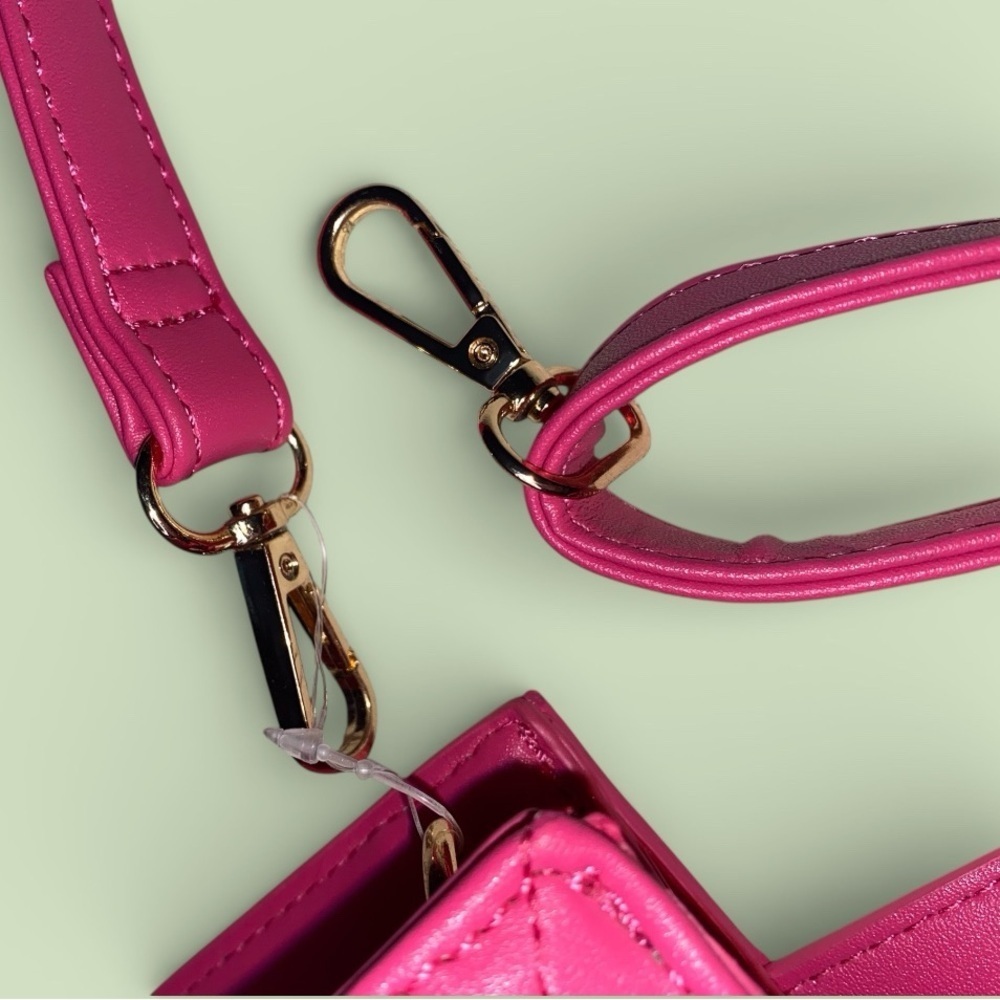 CROSSBODY Quilted Mini Tote Handbag w/Handles Fuchsia Hot Pink Adjustable Straps - Picture 6 of 7